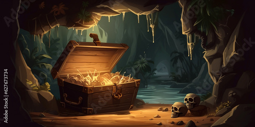 A fabulous image of an open treasure chest at the exit from a mysterious cave on a tropical island. Generative AI