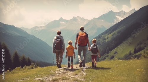family with kids hiking in mountains. Generative AI photo