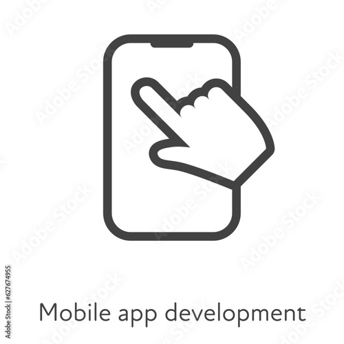 Outline style ui icons hard skill collection. Technology and business. Vector black linear icon illustration. Smartphone with finger mobile app development symbol isolated on white background.