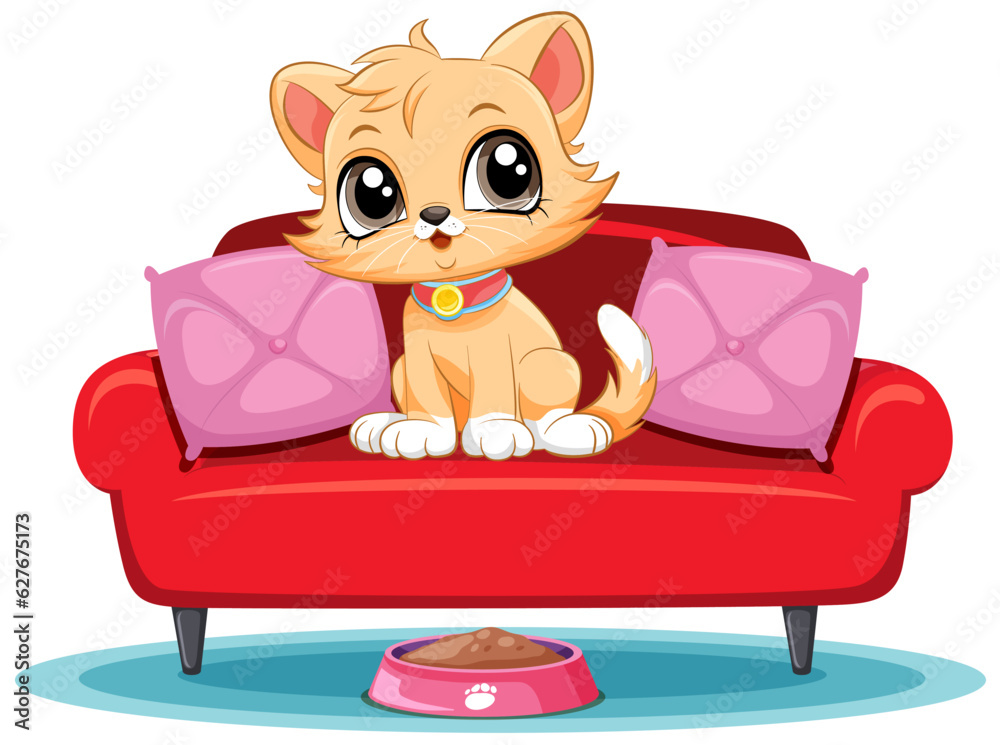 Fototapeta premium Cute Kitten on Sofa Cartoon