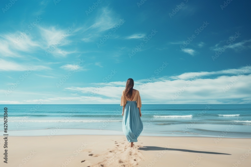 Blue sky seaside woman bright. Generate Ai Blue sky seaside woman bright. Generate Ai