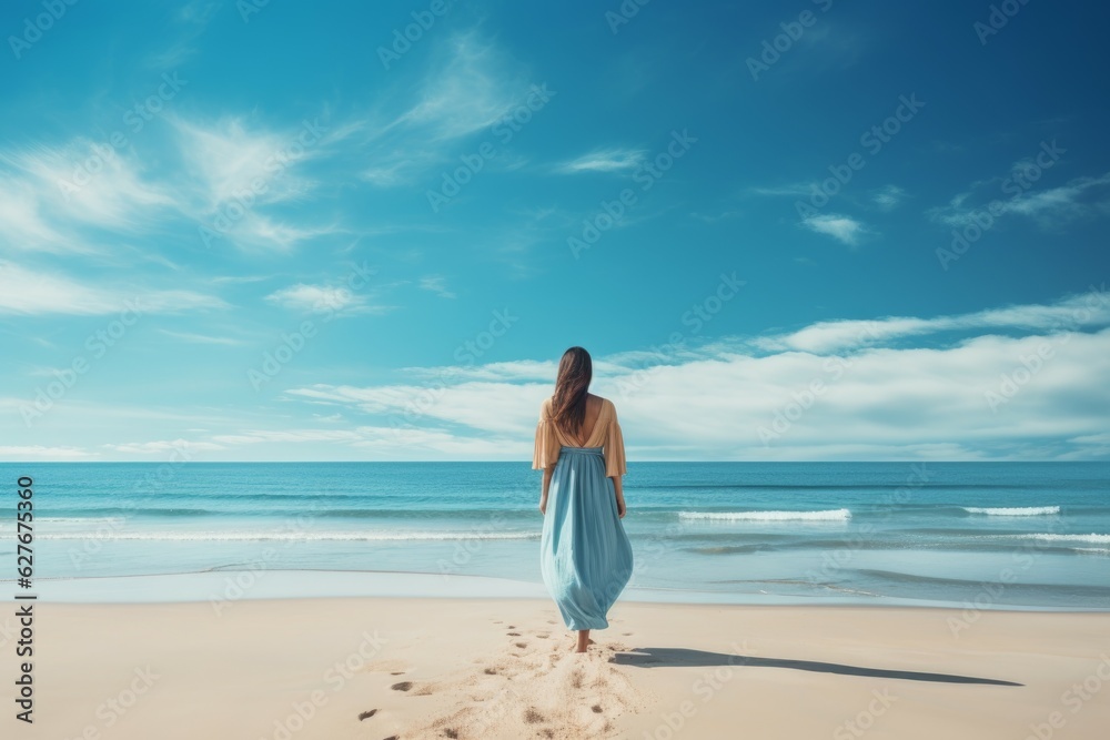 Blue sky seaside woman bright. Generate Ai