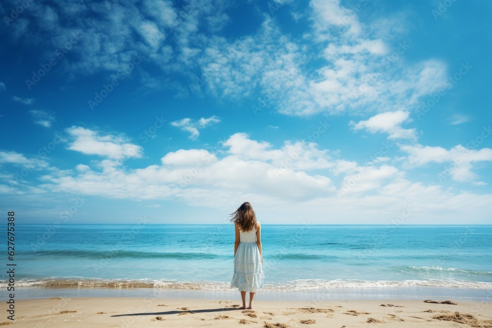 Blue sky landscape seaside woman. Generate Ai Blue sky landscape seaside woman. Generate Ai