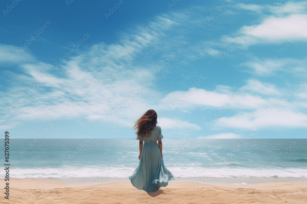 Obraz premium Blue sky seaside woman female. Generate Ai
