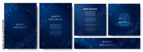 Stylish Christmas theme Backgrounds in gradient midnight blue and white, decorated with Blue Christmas elements. Beautiful minimalist Winter templates. Card, banners, a4 posters. Vector Illustration.