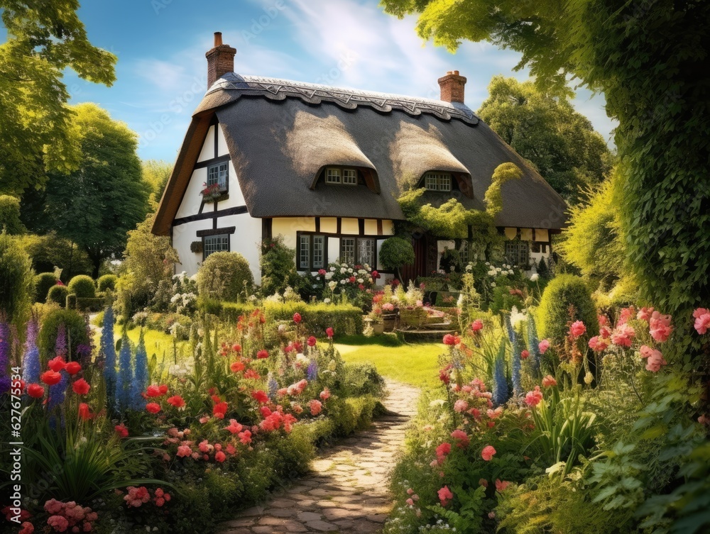 A charming and quaint cottage with a thatched roof and flower-filled garden. Generative AI