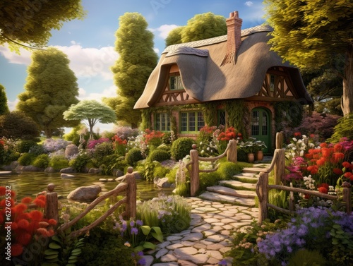 A charming and quaint cottage with a thatched roof and flower-filled garden. Generative AI