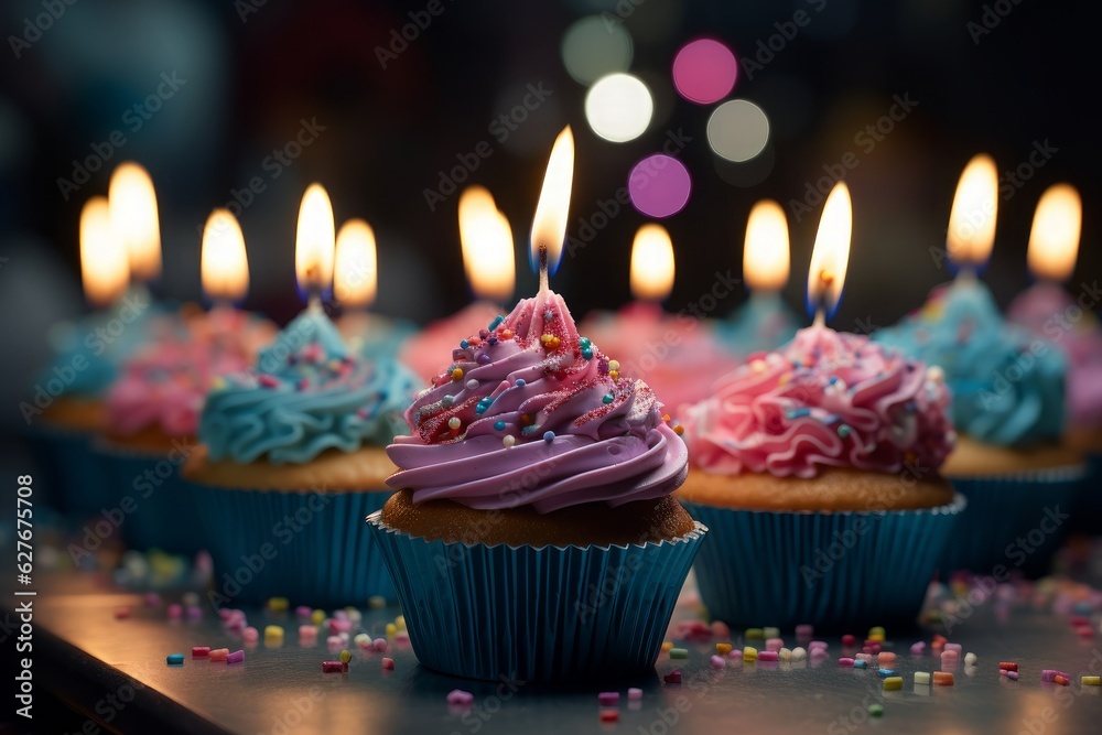 Assorted birthday cupcakes with lit candles Assorted birthday cupcakes with lit candles