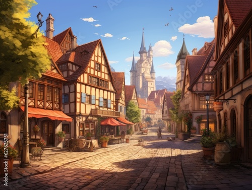 A medieval European town with cobblestone streets and half-timbered buildings. Generative AI