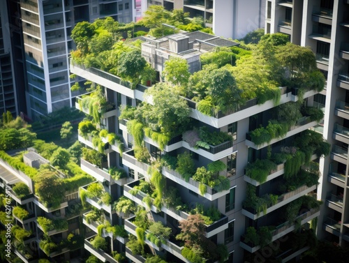 A sustainable and energy-efficient high-rise building integrated with vertical gardens. Generative AI 