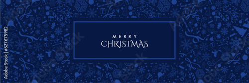 Seamless Monochromatic Dark Blue Christmas banner with blue Christmas elements and copy space in center. Vector Illustration. EPS 10. Perfect for banners, headers, covers, prints, repeating patterns.