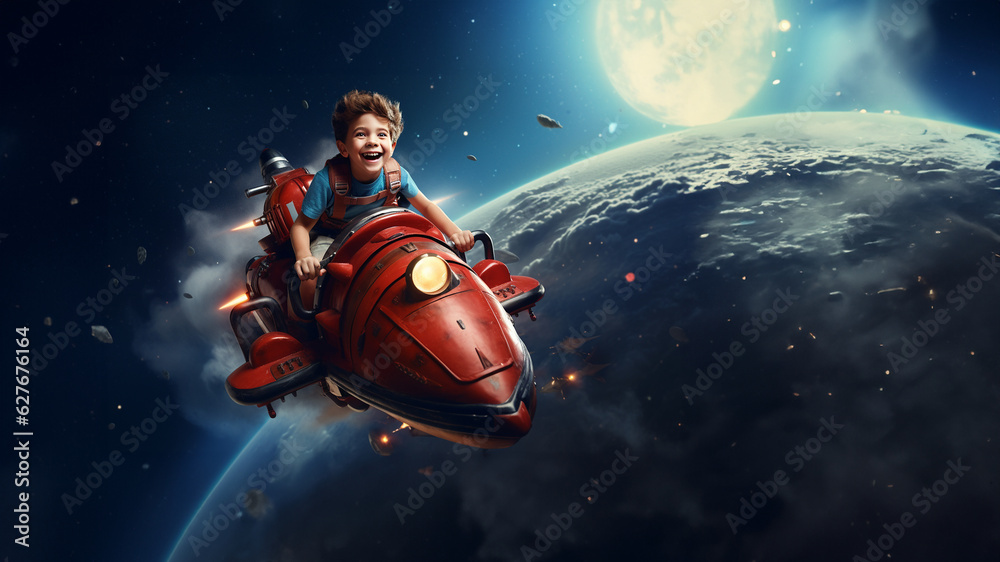 Kleiner junger Mann mit Rakete fliegt über den Mond mit Wind und lacht Porträt, ai generativ Kleiner junger Mann mit Rakete fliegt über den Mond mit Wind und lacht Porträt, ai generativ
