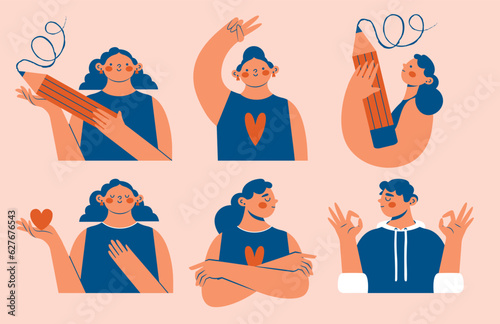 Various young persons gesturing with different emotions. Drawing, creating, design, working, mental health concept. Girl, boy with crossed arms, peace sign, ok gesture, holding large pencil, heart.