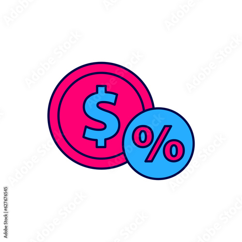 Filled outline Money coin with percent icon isolated on white background. Cash Banking currency sign. Vector