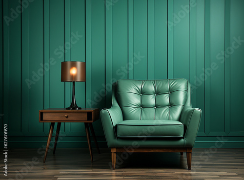 a green armchair against a green wall and wooden floor, generative AI