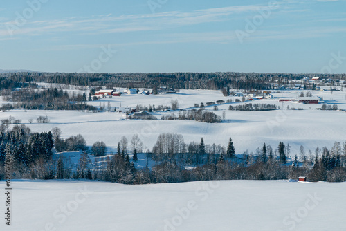 Rural winter landscape of Kolbu, Toten, Norway.