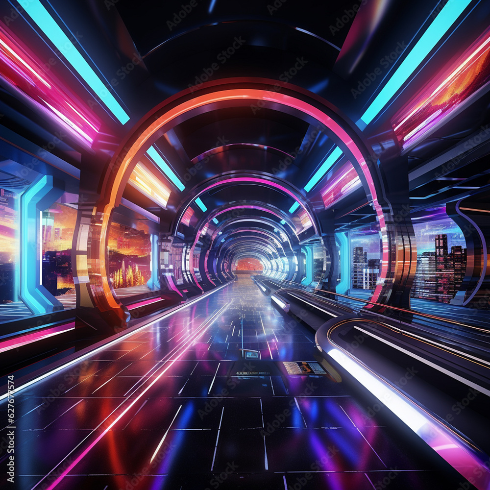 virtual reality interior background glowing empty arched pass made with Generative AI virtual reality interior background glowing empty arched pass made with Generative AI