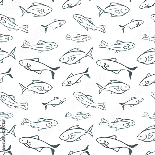 Marine seamless pattern with linear hand-drawn watercolor fish. Wildlife aquatic illustrations on white.