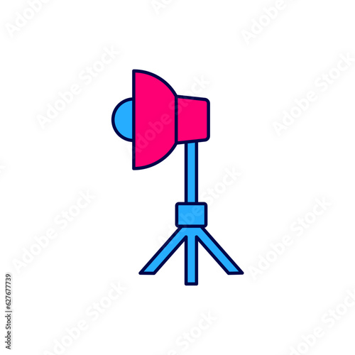 Filled outline Studio light bulb in softbox icon isolated on white background. Shadow reflection design. Vector
