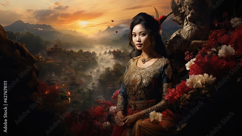 illustration of pretty Asian woman sitting among flower with tranquil calm peaceful nature landscape as background, Generative Ai