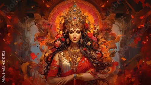 painting style illustration of Indian pretty goddess wearing gold crown and jewelry, Generative Ai