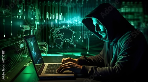 security analyst trying fighting cyber crime. Cyber hacker with computer.