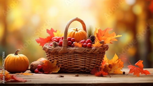 close up Autumn foliage basket in forest, pumpkins, leaves, berries, glitter glow light in fantasy fairytale atmosphere, Generative Ai