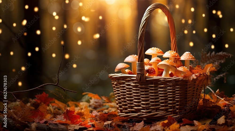 close up Autumn foliage basket in forest, mushrooms grow in basket, glitter glow light in fantasy fairytale atmosphere, Generative Ai