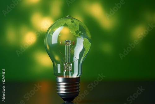 Green World Map On The Light Bulb With Green Background, Renewable Energy Environmental Protection, Renewable, Sustainable Energy Sources. Environmental Friendly. Renewable Energy