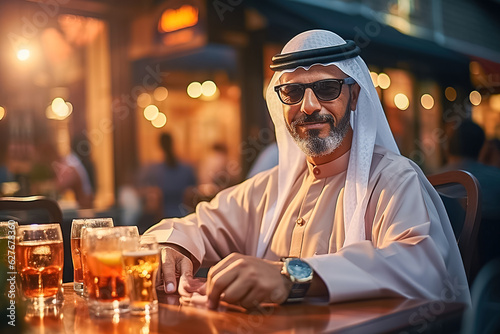 Arab man in national clothes drinking tea