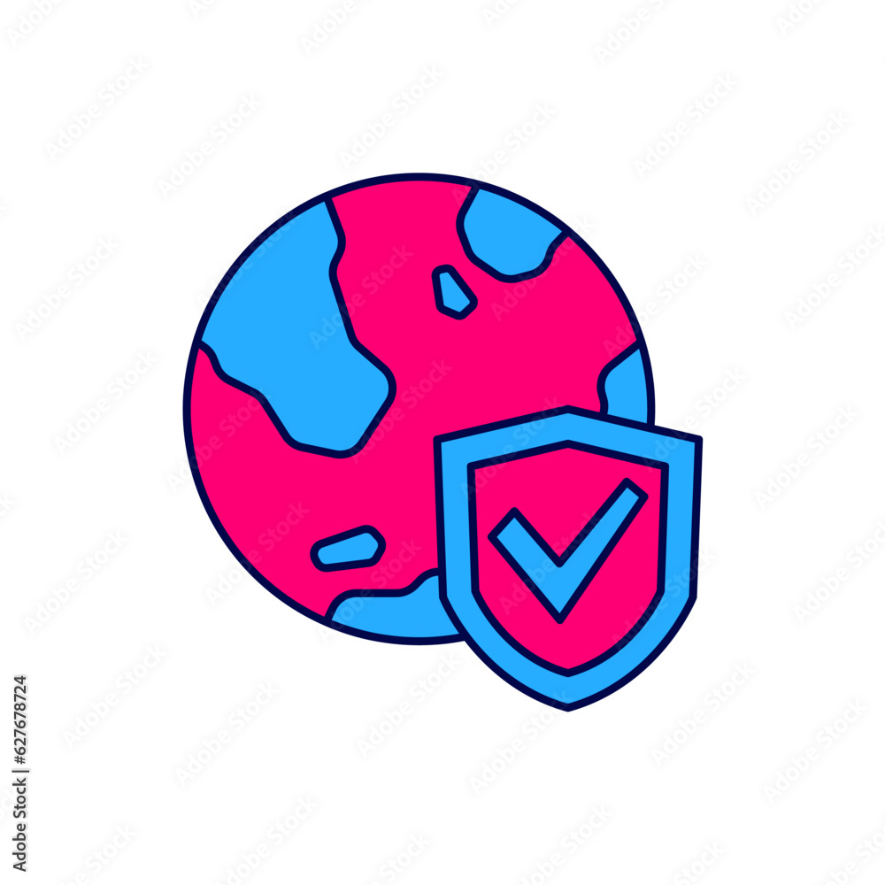 Filled outline Shield with world globe icon isolated on white background. Insurance concept. Security, safety, protection, privacy concept. Vector Filled outline Shield with world globe icon isolated on white background. Insurance concept. Security, safety, protection, privacy concept. Vector