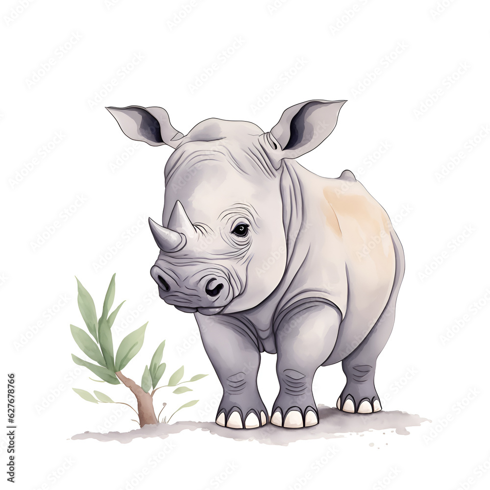African rhinoceros. Watercolor drawing, hand-drawn rhinoceros in watercolor on a white background with blue and gray paint. for children's books, for cards, Children's illustration. African rhinoceros. Watercolor drawing, hand-drawn rhinoceros in watercolor on a white background with blue and gray paint. for children's books, for cards, Children's illustration.