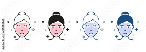 Beauty Cosmetic Face Mask, Relax Spa Therapy Pictogram. Woman with Facial Sparkle Mask Line and Silhouette Icon Set. Female Face Skin Care Symbol Collection. Isolated Vector Illustration