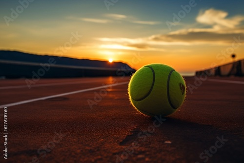 A photo of a tennis ball on the court during the match, Generative Ai