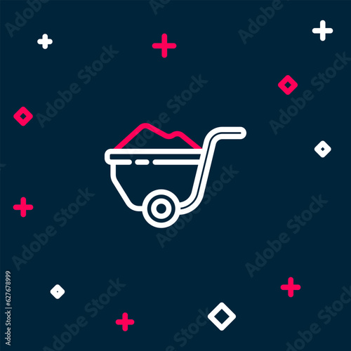 Line Wheelbarrow with dirt icon isolated on blue background. Tool equipment. Agriculture cart wheel farm. Colorful outline concept. Vector