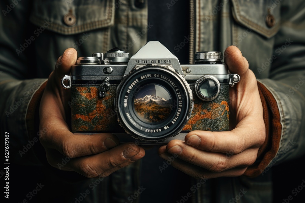 In the Embrace of Nature's Beauty: A Vintage Camera Clutched in Hands, Prepared to Conquer a Breathtaking Landscape Generative AI