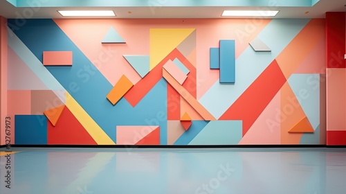 pastel tone color in blue orange yellow room with geometric design, wall and interior, Generative Ai photo