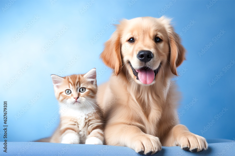 Portrait of dog Golden Retriever and cat sitting next to each other. On light blue background