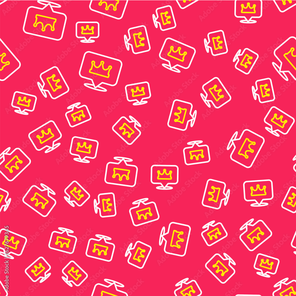 Line Location king crown icon isolated seamless pattern on red background. Vector