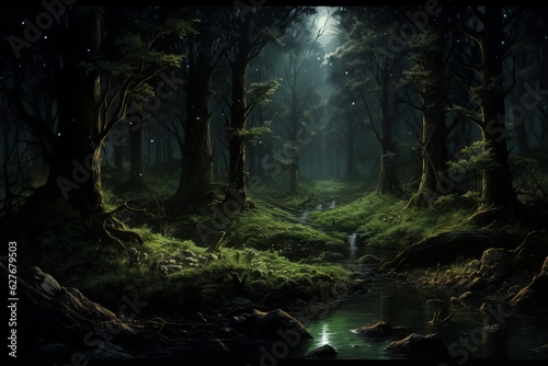Forest at night  backlight. Beautiful illustration picture. Generative AI