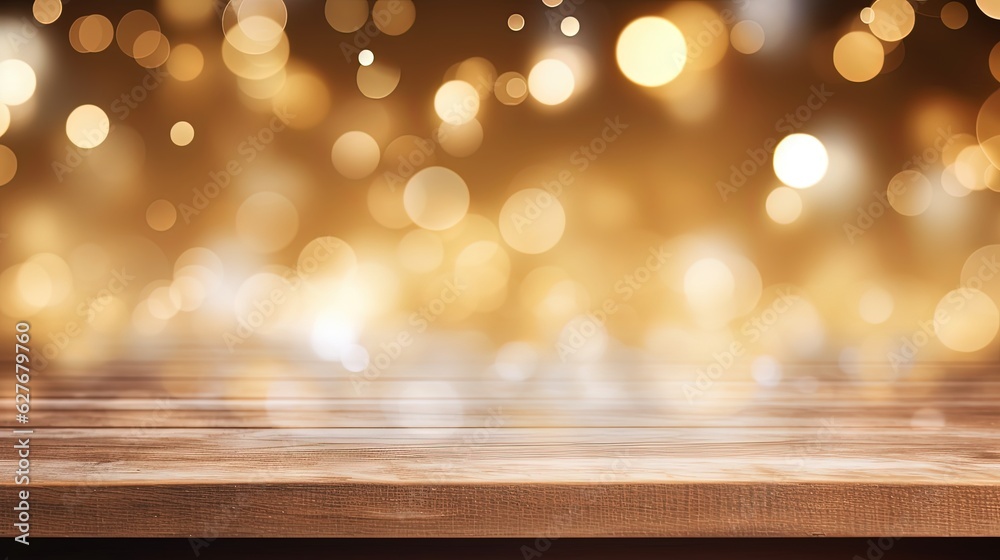 abstract gold background with blur bokeh light, glitter glow magical moment luxury atmosphere on wood ground stage, Generative Ai abstract gold background with blur bokeh light, glitter glow magical moment luxury atmosphere on wood ground stage, Generative Ai