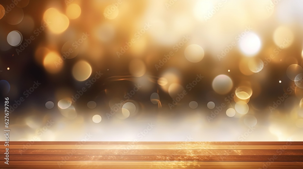 abstract gold background with blur bokeh light, glitter glow magical moment luxury atmosphere on wood ground stage, Generative Ai abstract gold background with blur bokeh light, glitter glow magical moment luxury atmosphere on wood ground stage, Generative Ai