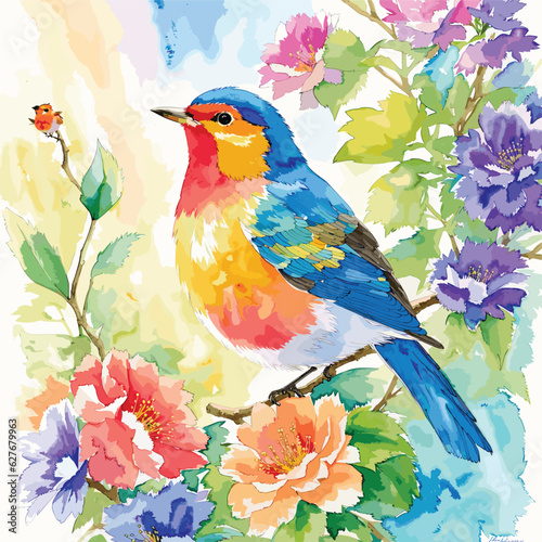 Water Color bird on a branch of flowers © Ismail Hossain