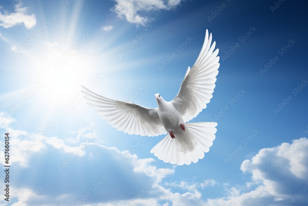 Fototapeta premium Whispers of Peace: A White Dove Flying in the Blue Sky, Generative AI