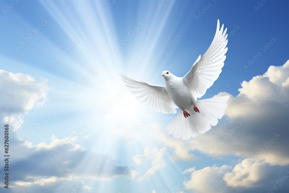 Fototapeta premium Whispers of Peace: A White Dove Flying in the Blue Sky, Generative AI