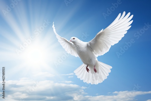 Whispers of Peace  A White Dove Flying in the Blue Sky  Generative AI