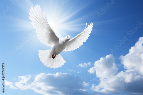 Whispers of Peace: A White Dove Flying in the Blue Sky, Generative AI