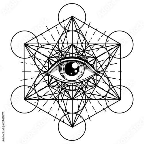 Blackwork tattoo flash. Eye of Providence. Masonic symbol. All seeing eye inside triangle pyramid. New World Order. Sacred geometry, religion, spirituality, occultism. Isolated vector illustration.