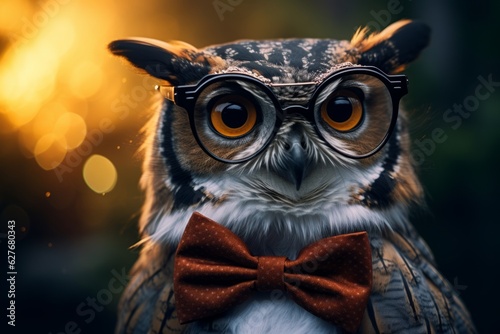 Owl wearing glasses. Beautiful illustration picture. Generative AI