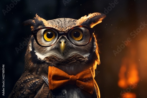 Owl wearing glasses. Beautiful illustration picture. Generative AI © standret